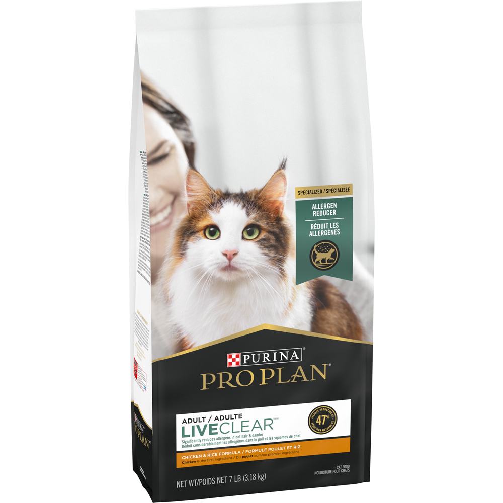 Purina ProPlans LIVE CLEAR cat food that reduces allergens that your cat sheds!